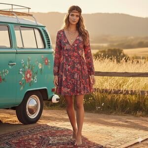 Free People Orange Navy Floral Long Sleeve  Tunic Mini Dress XS